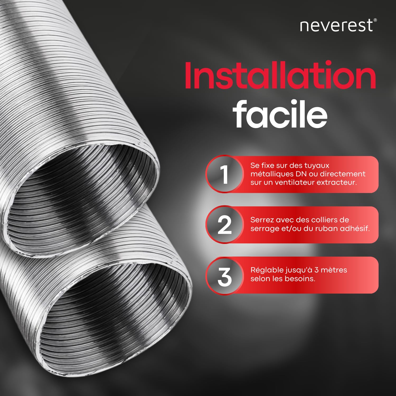 neverest® Semiflex Tuyau flexible en aluminium 80 mm Longueur 3 m Pour climatisation, sèche-linge, four Résistant à la chaleur et à la corrosion