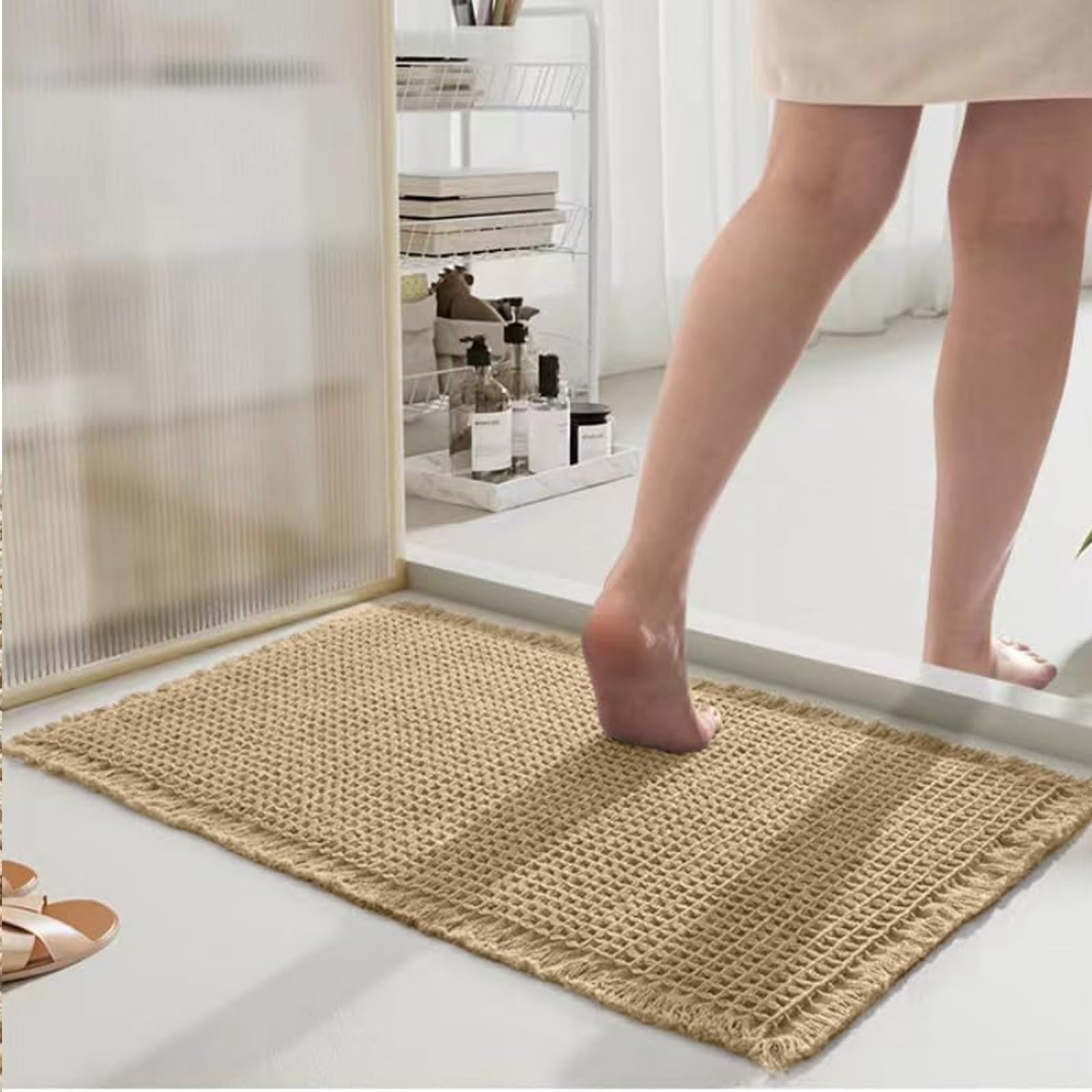 Tappeto Bagno Antiscivolo Verde 61x92 Cm Con Nappe, Morbido E Assorbente, Struttura A Waffle, Lavabile In Lavatrice