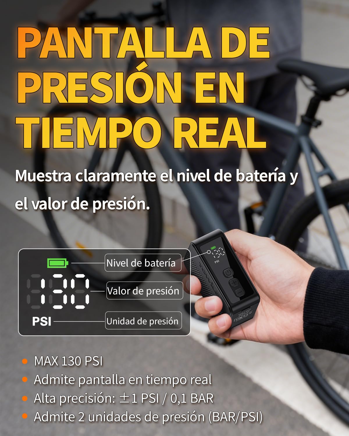 TOWILD A13 Bomba de Bicicleta Eléctrica con Manómetro, 130 PSI Bomba de Aire Portátil Compresor de Aire Recargable, Válvulas Presta y Schrader, Apagado Automático para Bicicleta de Montaña y Ciudad