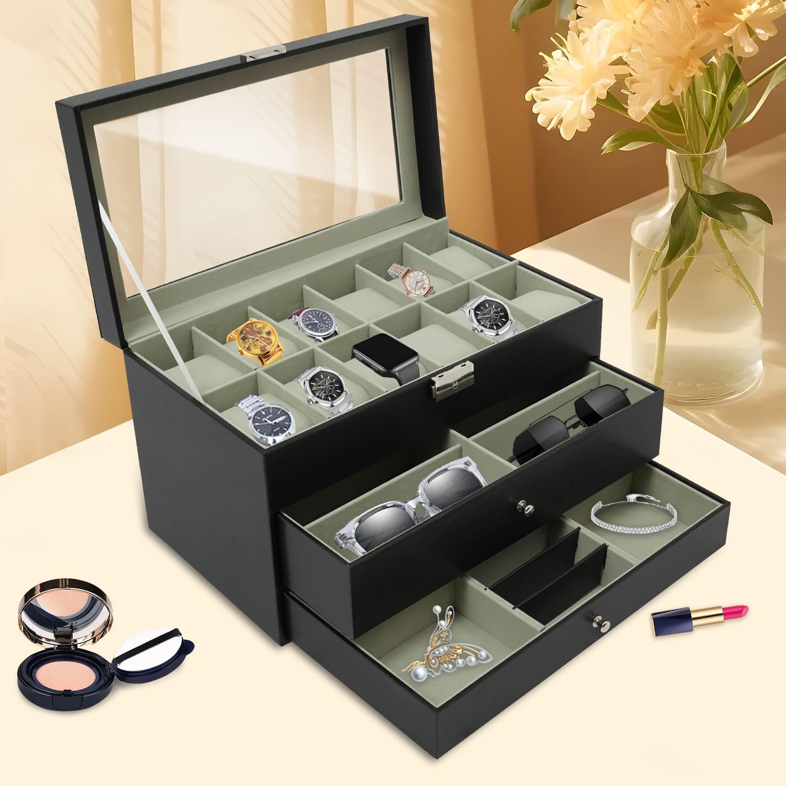 Caja para relojes y joyas, 3 niveles, con cajones, tapa transparente, 33,5 x 19,4 x 20,5 cm, color negro