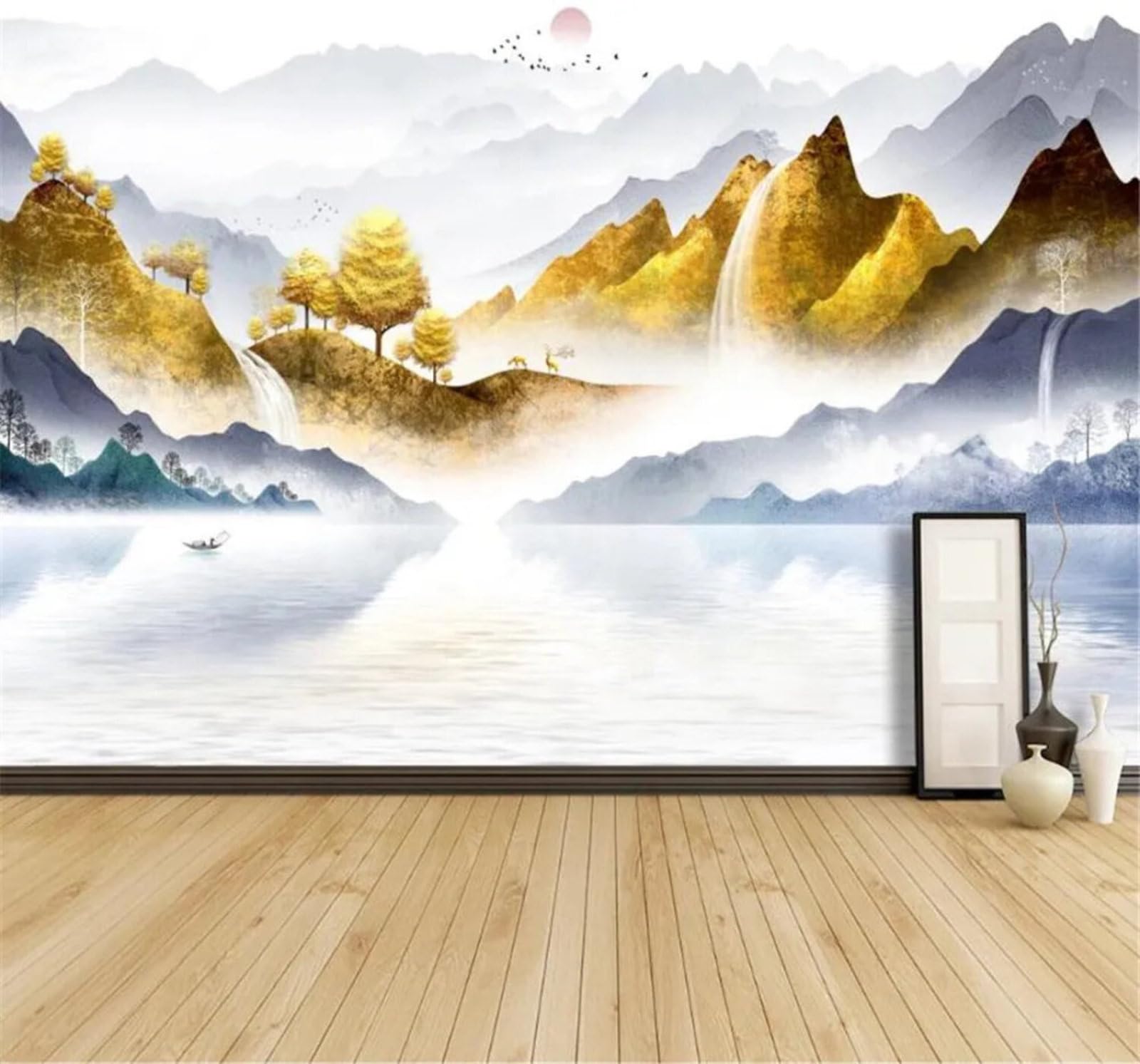 Tzxztt Ink Wash Gold Landscape Waterfall Scenery Modern 3D Wallpaper Premium Textured Silk Neutral Tones Material Ideal for Living Room Bedroom-200cm×140cm