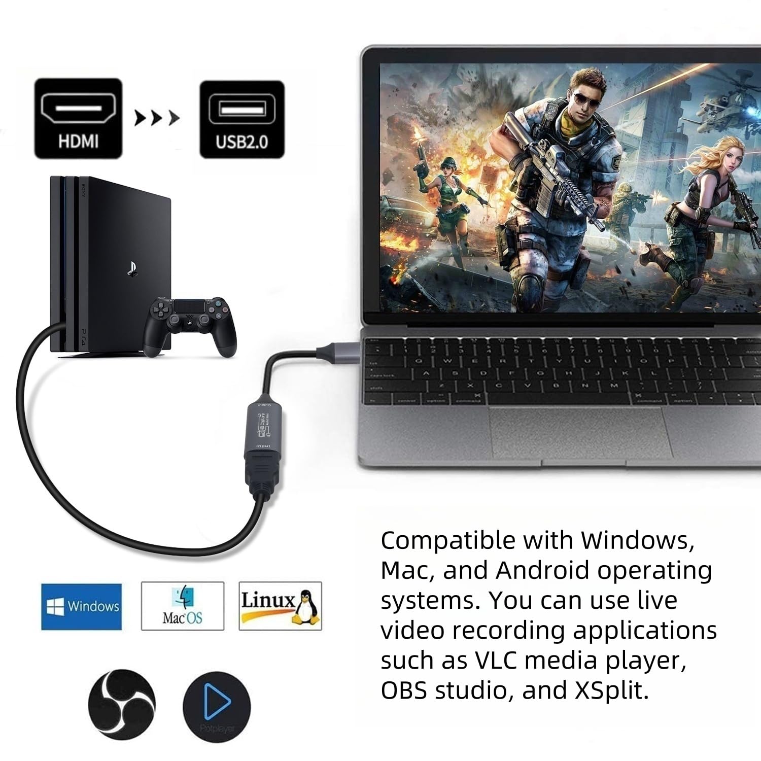 Tarjeta de captura de video, tarjeta de captura HDMI a USB/USB-C para transmisión, dispositivo de captura de video 1080P 60fps para grabación de juegos, compatible con Windows, Quest 3, Switch, OBS