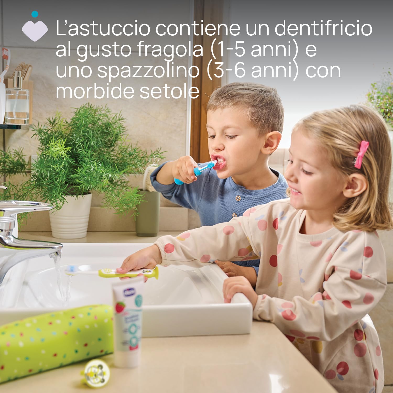 Chicco Set Spazzolino e Dentifricio per Bambini, Con Pratico Astuccio, Set Comprende Dentifricio Al Gusto Fragola e Spazzolino con Setole Morbide e Ventosa, Set da Viaggio, 3-6 Anni, Azzurro