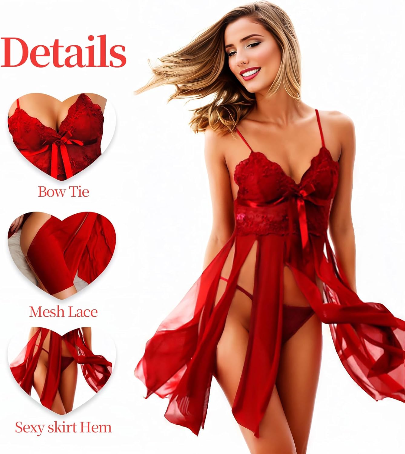 Sexy Lingerie for Women, Bow Tie Halter Lingerie Nightgown Sheer Babydoll Chemise Dress with G-String Red Onesize 2-8 - Image 6