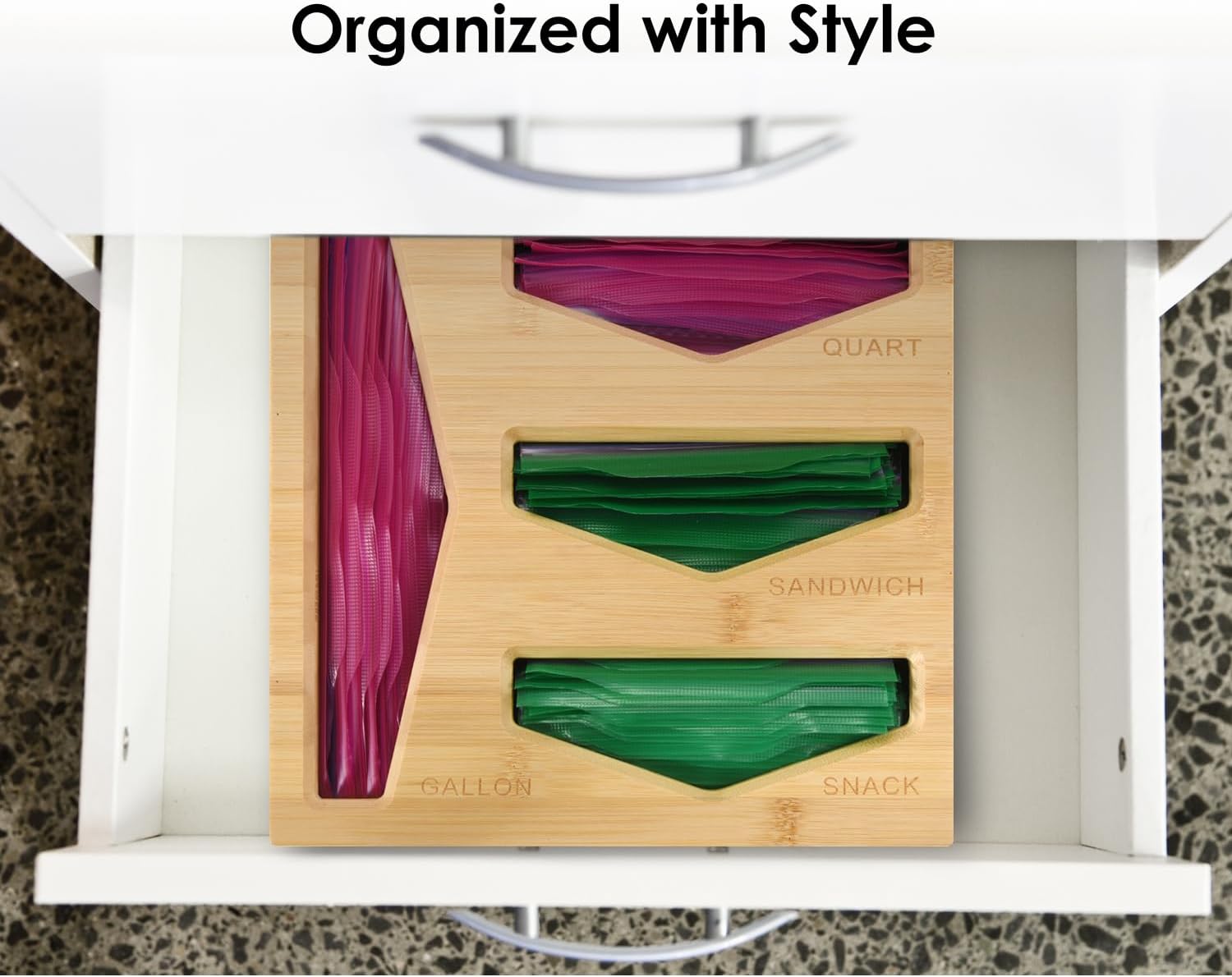 Cozee Bay Bamboo Bag Storage Organizer for Kitchen Drawer, Baggie organizer, Compatible with Gallon, Quart, Sandwich and Snack Variety Size Bags (Natural Bamboo)