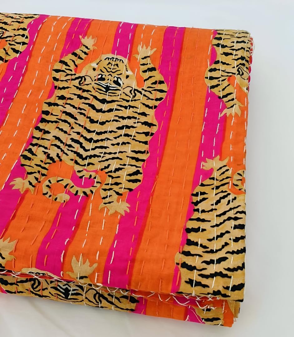 INDACORIFY Indian Handmade Tiger Print Kantha Quilt, Pure Cotton Throw Bedding Gudri Bedcover, Queen Size Vintage Kantha (Orange Tiger, Twin (60"x 90"))