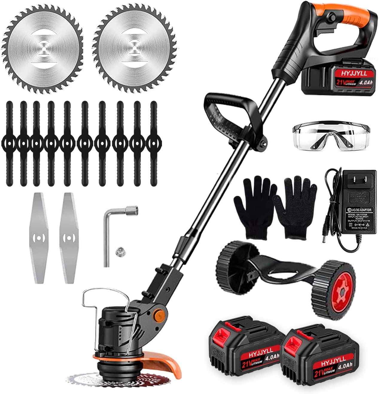 Weed Wacker, 21V Electric Cordless Weed Eater 2×4.0Ah Battery-Powered with 3 Types of Blades, Adjustable Cutting Angle & Height, 3-in-1 Stringless Grass Trimmer, Brush Cutter for Lawn Yard Garden