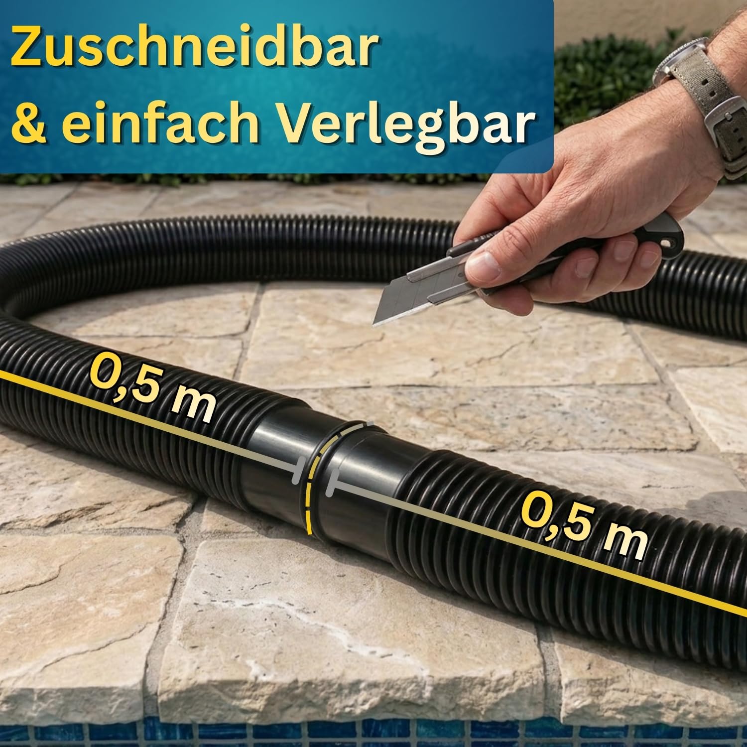 10m Solarschlauch de Luxe Ø 38 mm schwarz - UV-beständig und unterdruckbeständig - mit Doppelmuffe alle 50 cm - temperaturbeständig von -40 bis +70 C - Made in Germany