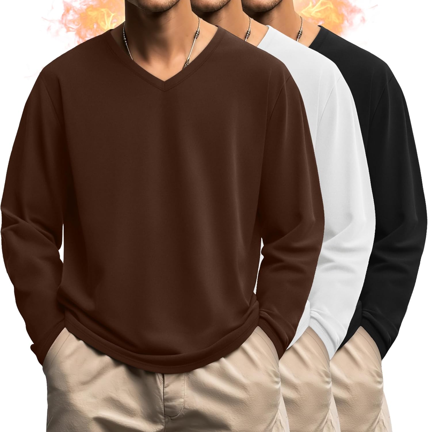 3 Pack Men's Big and Tall Shirts Thermal Fleece Lined Long Sleeve Tops V Neck Sweatshirts Base Layer Tees Winter