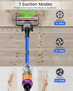 Cordless Vacuum Cleaner, 500W 40KPa 60Mins Vacuum Cleaners for Home, Wireless Vacumm Anti-Tangle Rechargeable Vacuum with Green Light for Pet Hair/Carpet/Hardwood Floor, Blue