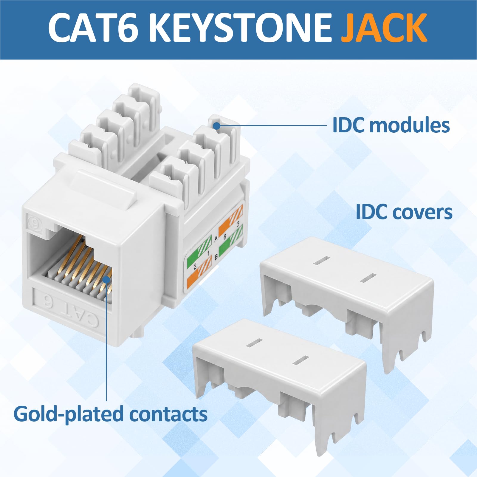 Hoteam 125 conectores Keystone Cat6, acoplador modular Ethernet Rj45, conector UTP de 90 grados para placa de pared, panel y caja de montaje en superficie (blanco)