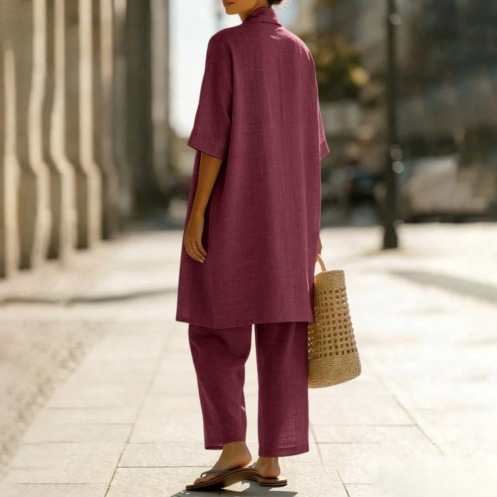 Set da 3 pezzi per il tempo libero estivo in cotone e lino, a maniche corte, cardigan aperto sul davanti, top elastico in vita, pantaloni lunghi casual larghi comodi abiti da viaggio