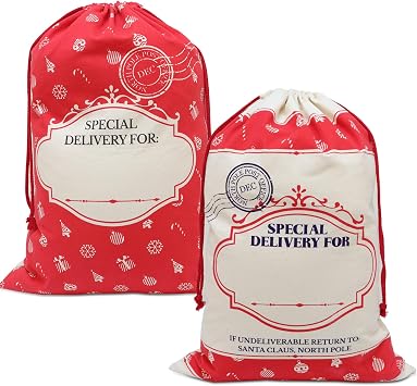 Zerzsy Set of 2 Christmas Bags Holiday Lights Santa Gift Sacks Canvas Wrap With Drawstring 19.5 X 27.5