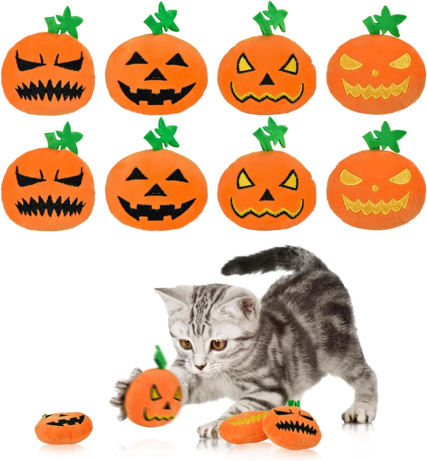 Halloween Pumpkin Toys for Cats Plush Teething Toys Featuring Pumpkin with Range Expressions Embroidery Designs Interactive Plush Toys for Kittens and Cats (8PCS)