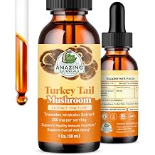 Organic Turkey Tail Mushroom Extract Tincture Fruiting body 250mg per Serving Dual Extract Liquid Supplement Immune Support & Wellness Vegan, Non-GMO, Sugar & Alcohol-Free Drops 1oz