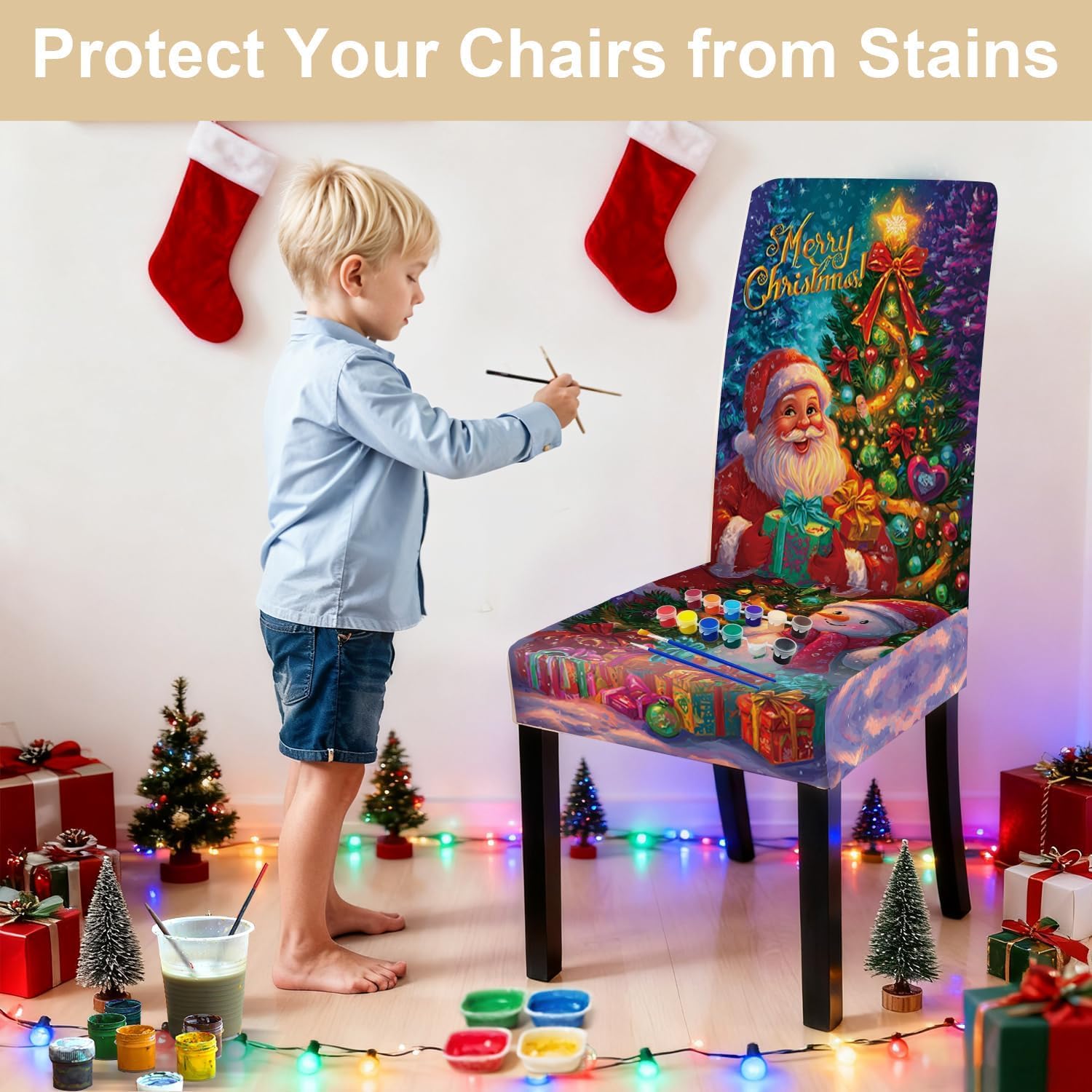 Santa Claus Chair Covers Set of 4, Stretchable Dining Chair Slipcovers with Christmas Tree and Gifts for Holiday Decor