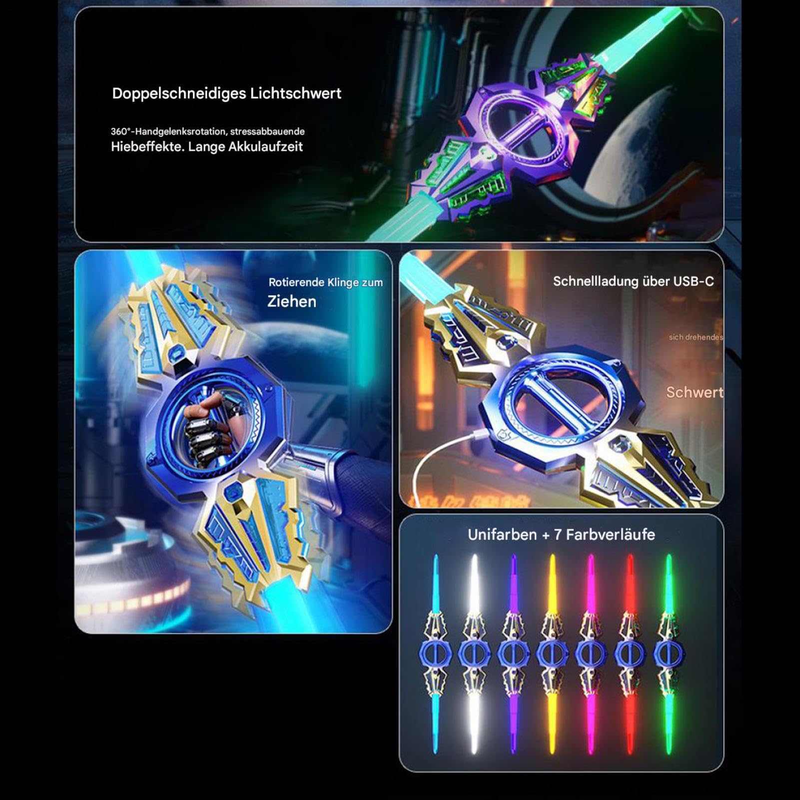 Leuchtendes 7-Farben Einziehbares Spielzeug, 2 In1 Doppelklingen Lichtschwert, Wiederaufladbarer Kostüm Säbel, Drehendes Leuchtender Säbel, für Cosplay, Duell Spielzeug, Geschenk