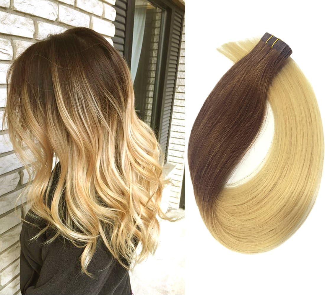 Mario Hair Tape in Hair Extensions Human Hair Extensions Brown to Blonde Two Tones Silky Straight Skin Weft Human Remy Real Hair (18 inches, #6T613)