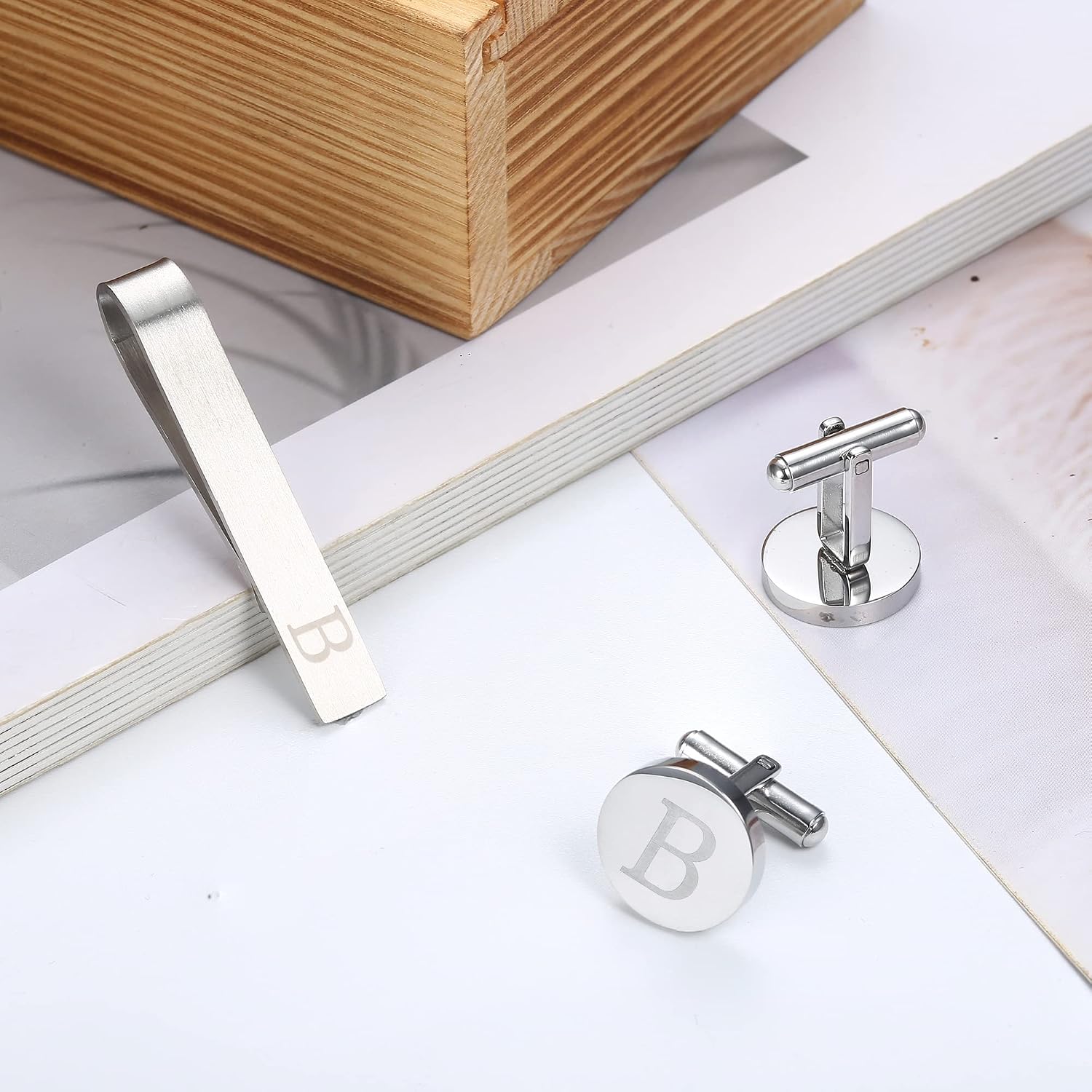 LOYALLOOK Initial Cufflinks and Tie Clip Set for Men Silver Personalized Cuff links and Tie Bar Letter Alphabet A-Z Gift for Father Husband Valentine Gifts for Men