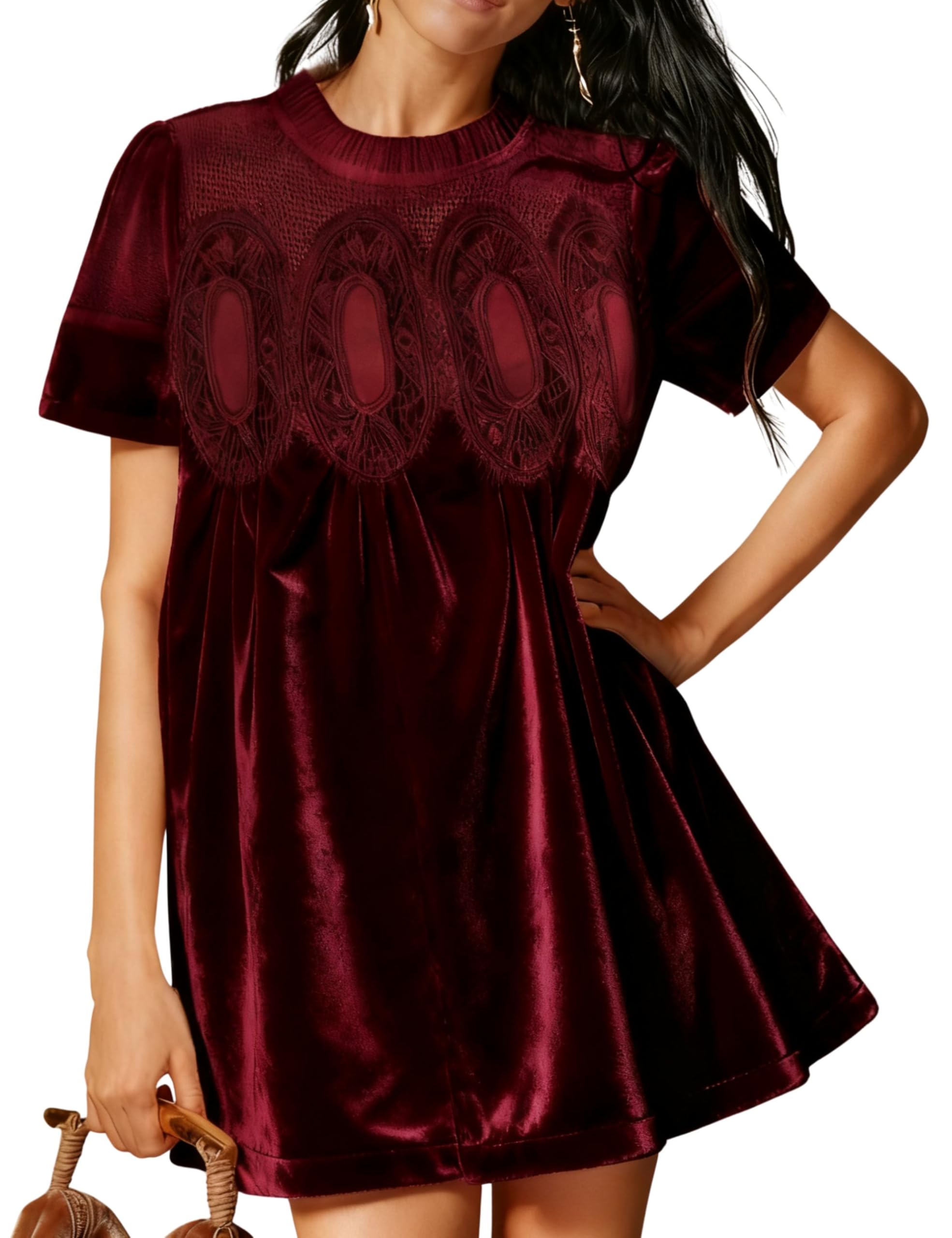 Womens Velvet Lace A-Line Overall Casual Pleated Swing Babydoll Wedding Skirtall Scallop Neck Flared Mini Dress