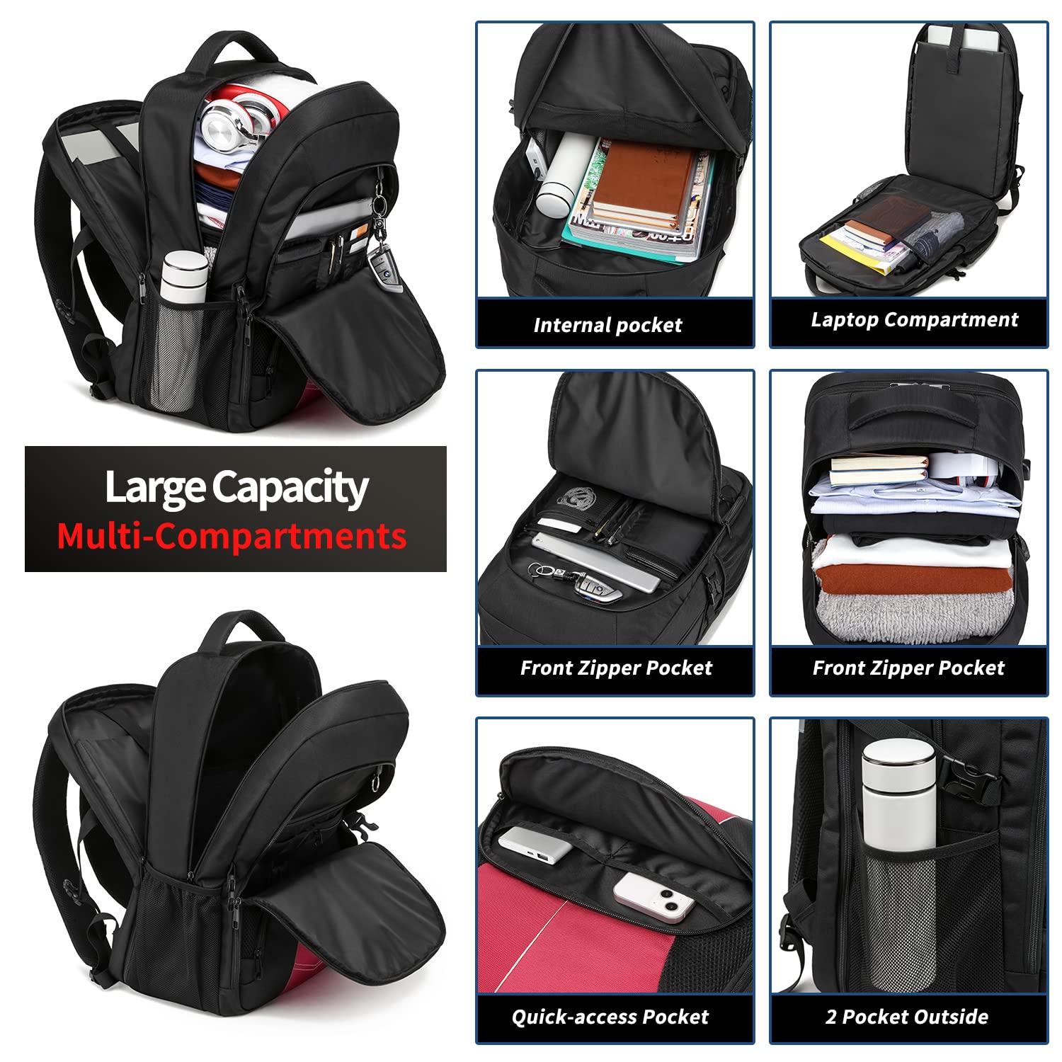 Zaino Donna Grande 55L Zaino per PC Portatile 18.4 Pollici Zaino Porta PC con Caricatore USB Zaino Lavoro Donna Impermeabile Zaino Laptop Computer Zaini per PC Portatili per Viaggio Scuola,Rosso