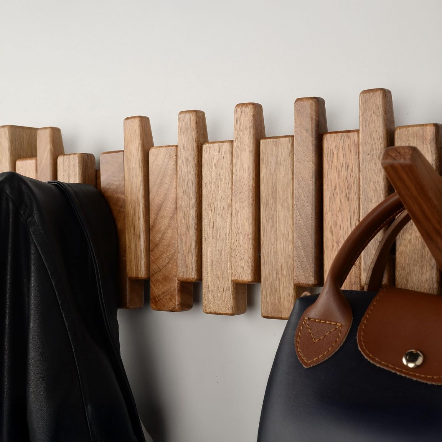 Solid Walnut Piano Key Coat Rack – 8-Hook Wall-Mounted Flip Hook Rack – Minimalist Wooden Hanger for Entryway, Bedroom, Office