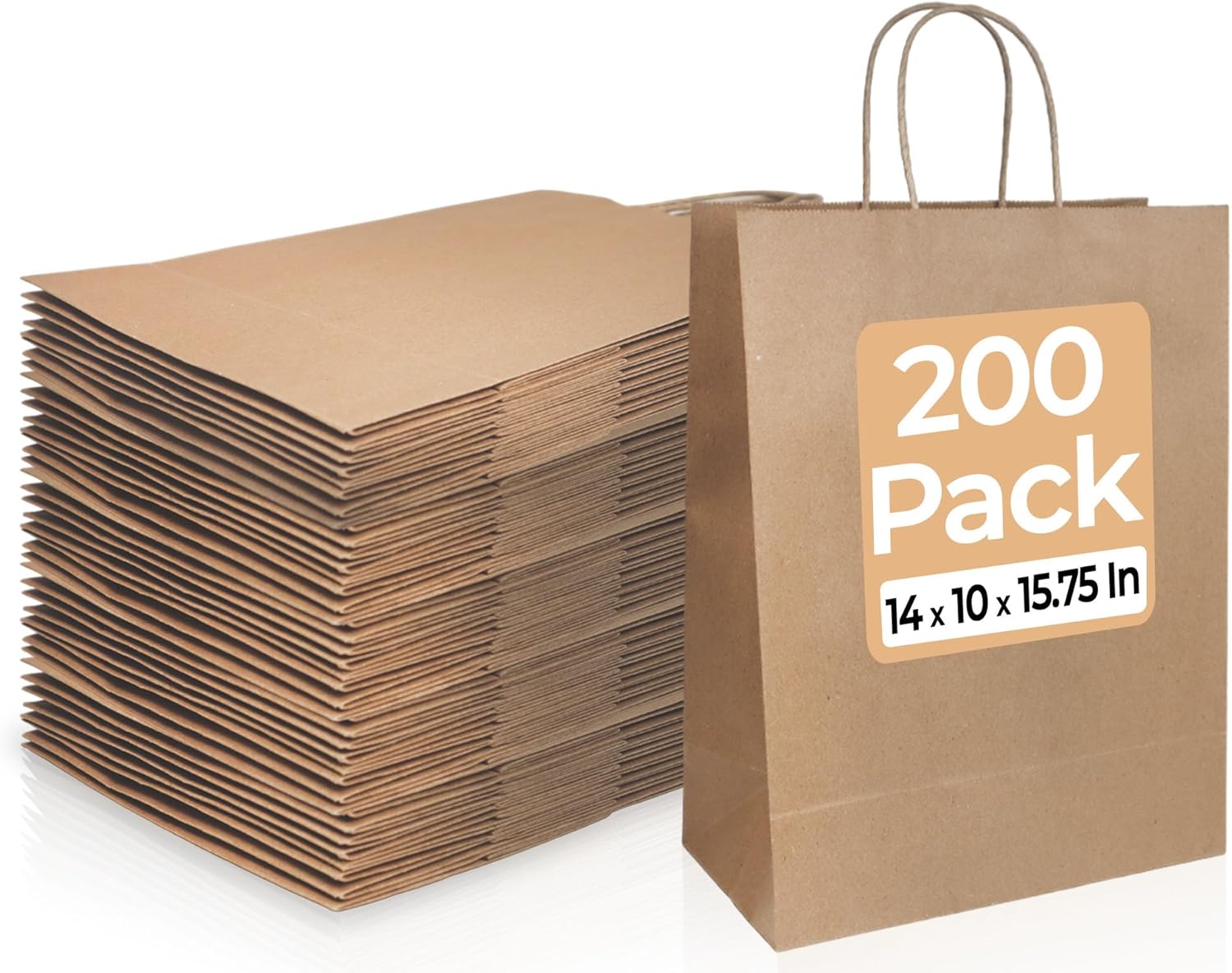 Bagtron 200 Kraft Paper Bags 14"x10"x15.75" with Twisted Handles for Take-Out, To-Go, Retail Business, Restaurant, Shopping, Craft Gift Bag, 120 GSM, Brown