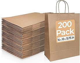 Bagtron 200 Kraft Paper Bags 14"x10"x15.75" with Twisted Handles for Take-Out, To-Go, Retail Business, Restaurant, Shopping, Craft Gift Bag, 120 GSM, Brown