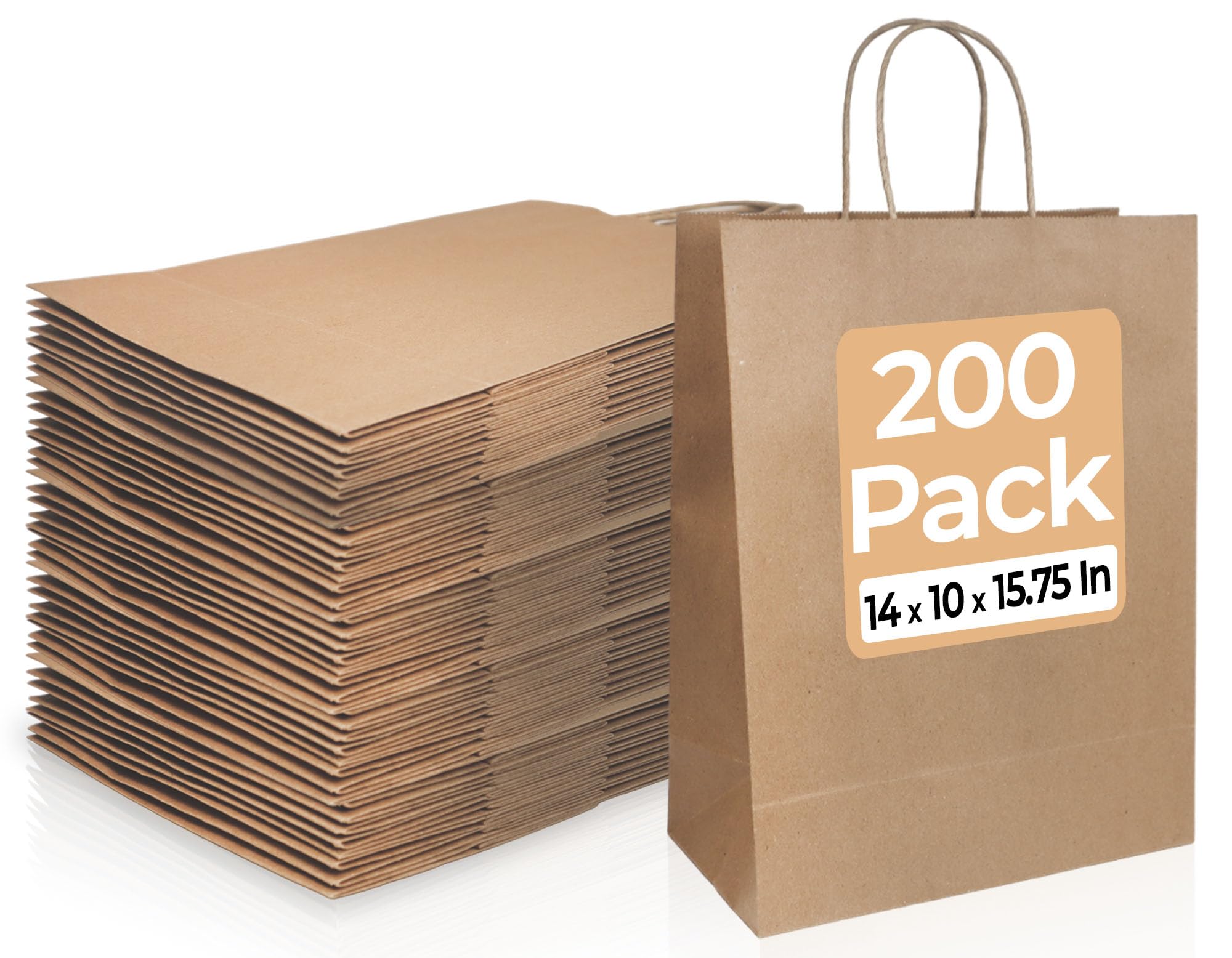 Bagtron 200 Kraft Paper Bags 14"x10"x15.75" with Twisted Handles for Take-Out, To-Go, Retail Business, Restaurant, Shopping, Craft Gift Bag, 120 GSM, Brown