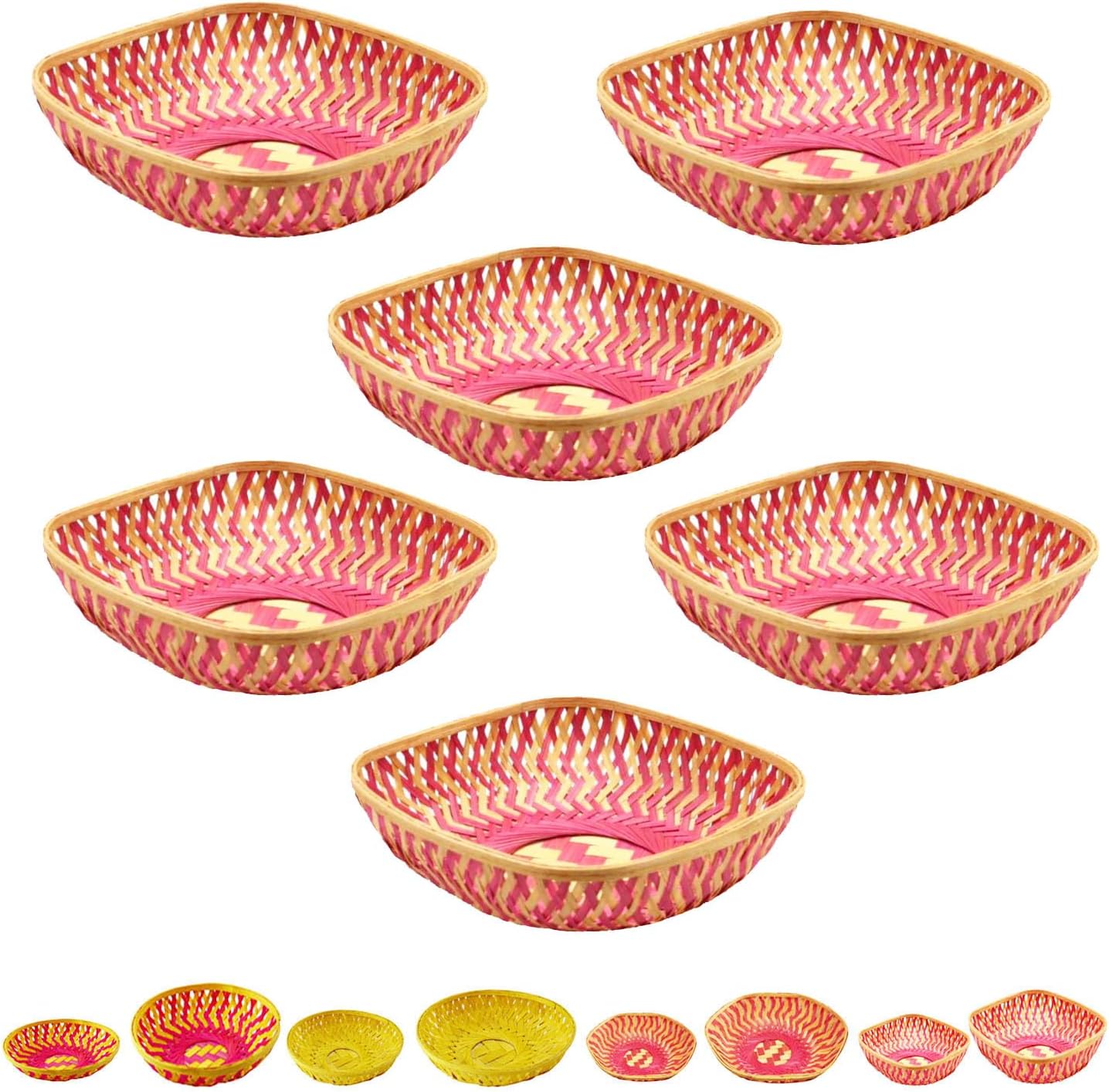 UR LITTLE SHOP Natural Bamboo Decorative Small Square Baskets – Pack of 6 (Pink & Brown, 18 x 18 x 6 cm) | Handwoven Bamboo Trays for Hampers, Festive Gifting, Home Decor, Storage & Return Gifts SML.