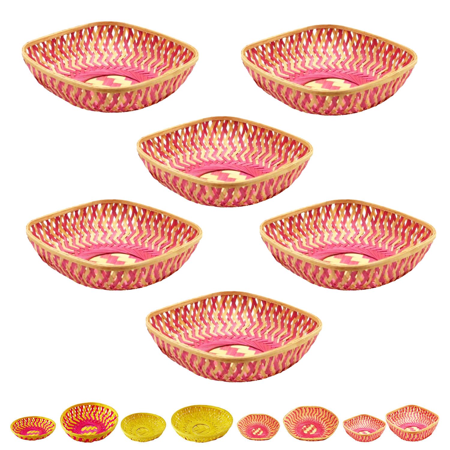 TAVASYA Natural Bamboo Decorative Small Square Baskets – Pack of 6 (Pink & Brown, 18 x 18 x 6 cm) | Handwoven Bamboo Trays for Hampers, Festive Gifting, Home Decor, Storage & Return Gifts SML.-image-21