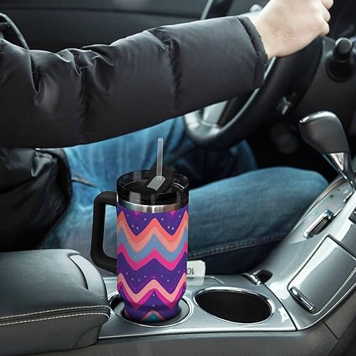 Miniatura 7 de Zigzag Dots - Botella de agua colorida al vacío de boca ancha con asa, tapa a prueba de fugas y pajita, taza de café decorativa para viajes, para