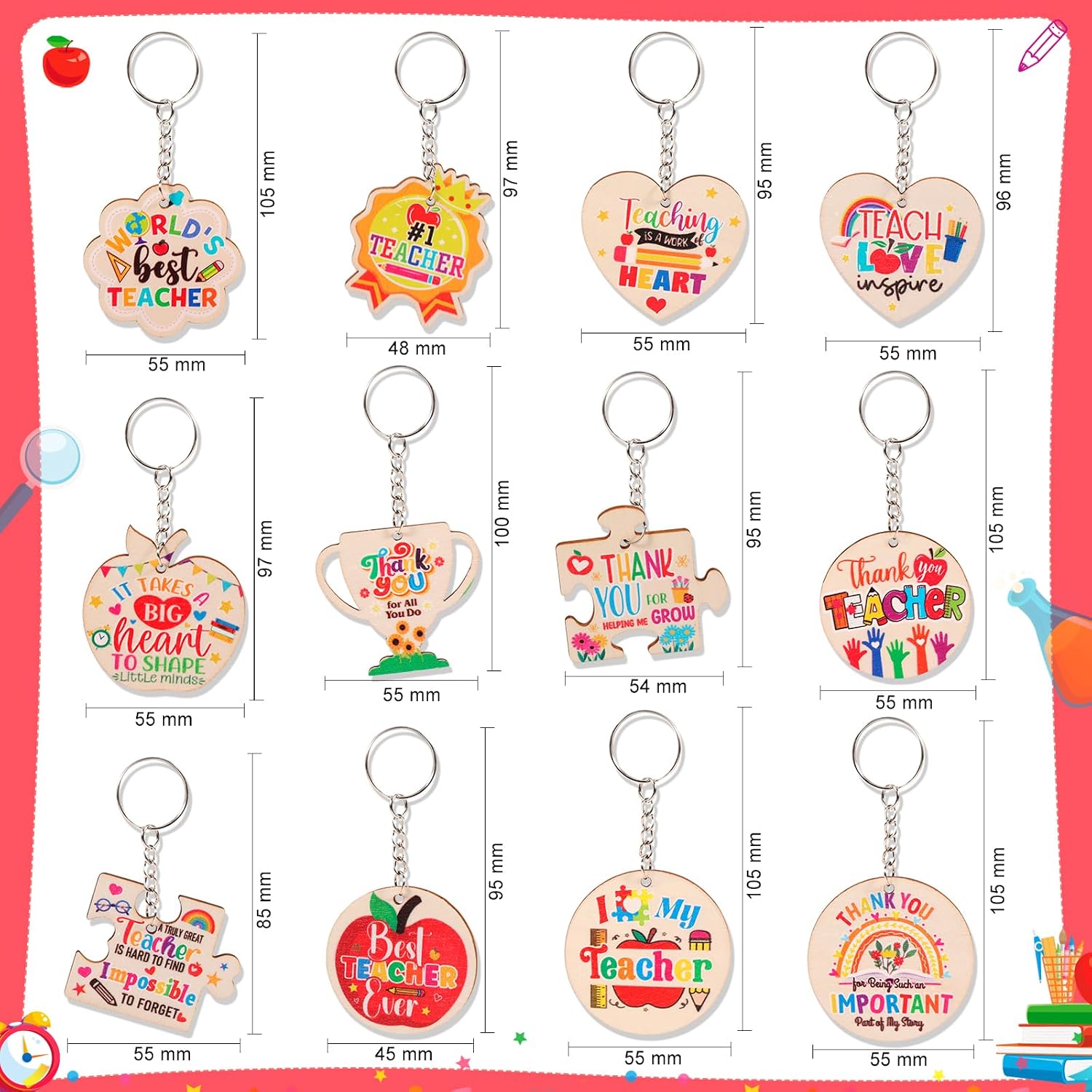 HOWAF 12PCS Teacher Keychain Bulk, Teacher Appreciation Gift Keychain, Thank You Teachers Wooden Key Chain Keyring, Teacher's Appreciation Gifts Keychains, End of School Year Gifts for Teachers image 2
