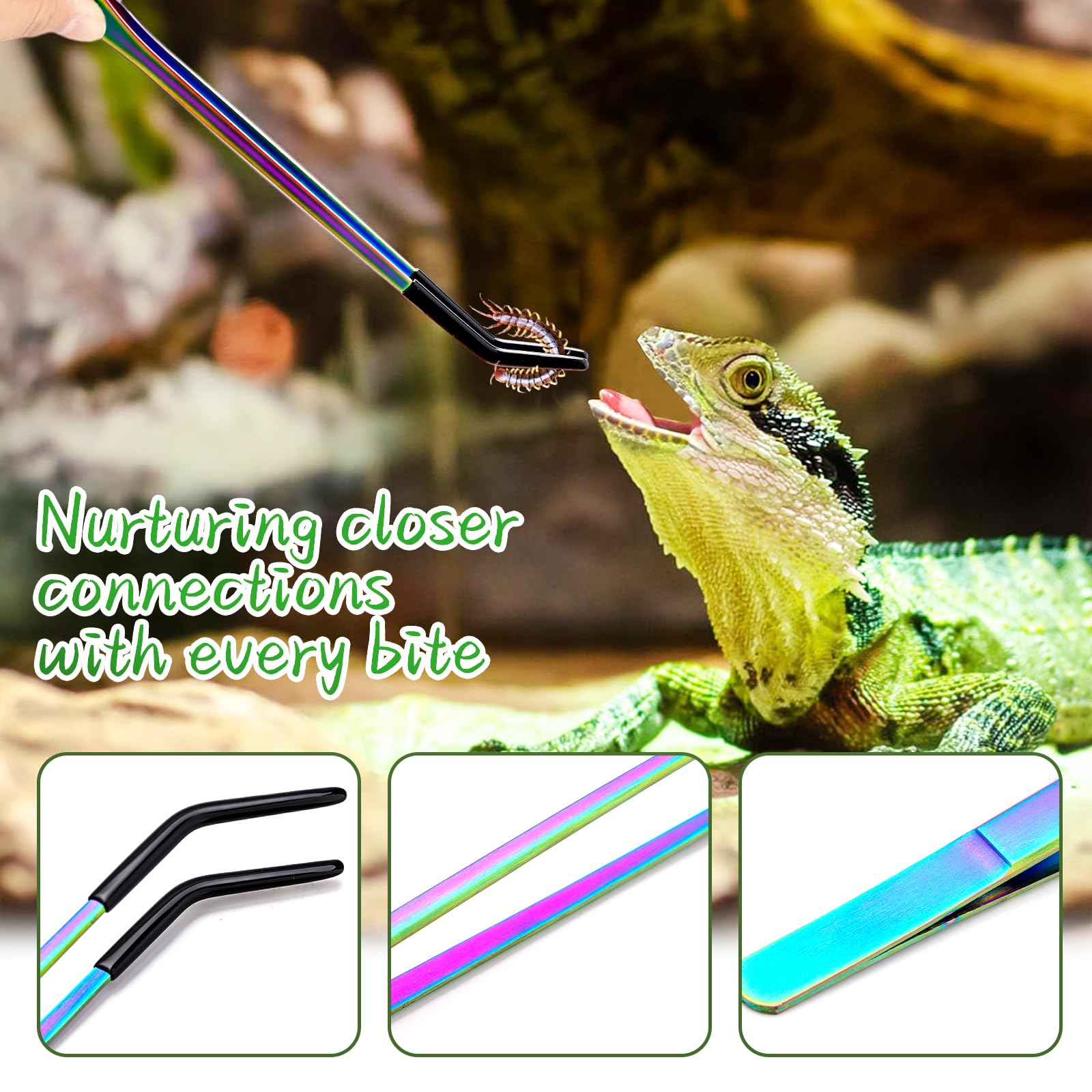 OLIISS Stainless Steel Reptile Feeding Tongs with Rubber Tip - 10.6" Straight & Curved Tweezers for Aquariums & Crafts - Feeder Tools for Bearded Dragons & Lizards - Terrarium Tank Supplies - 2 Pack - 4