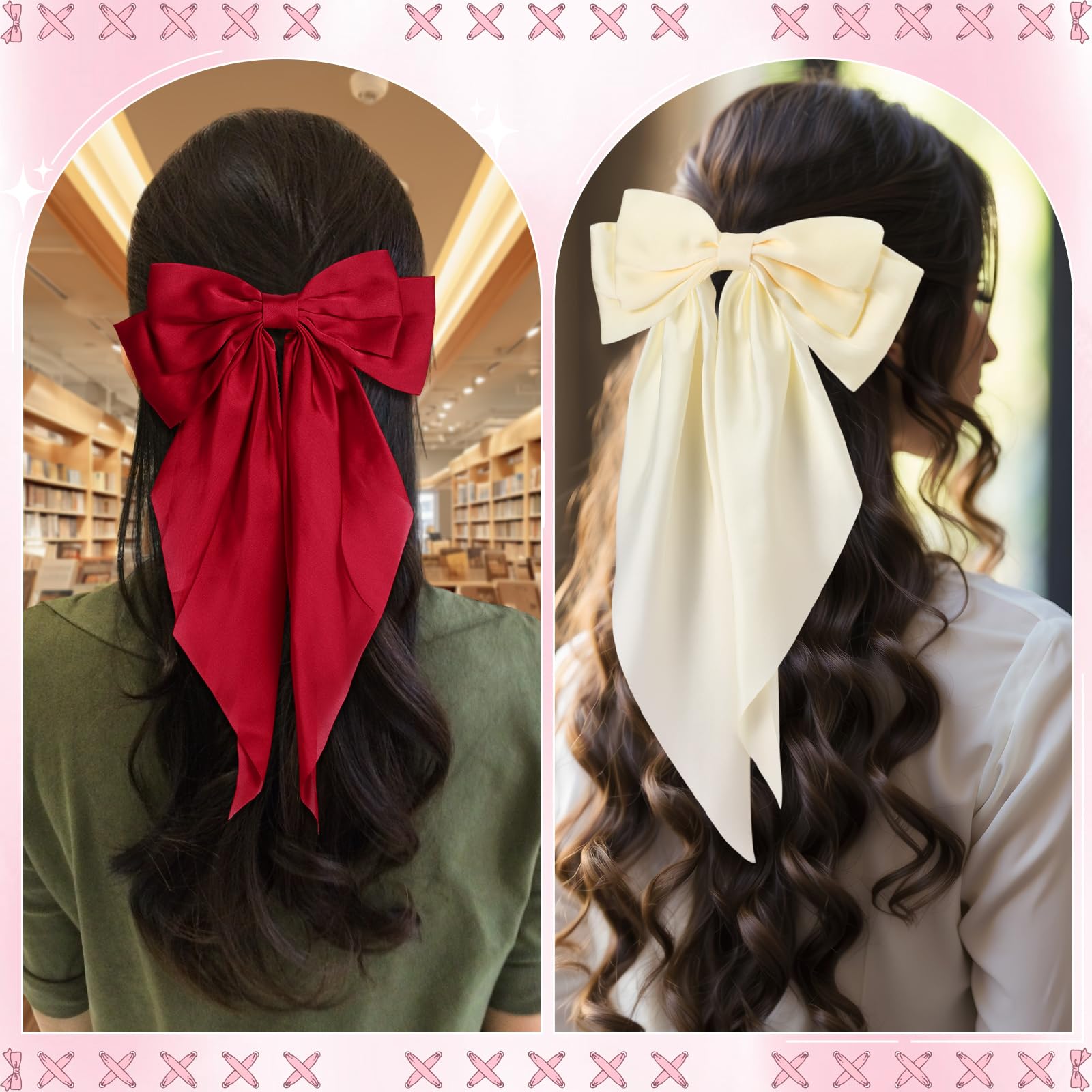 12 Large Satin Hair Bows for Women, Vintage French Barrette Clips, Long Tail No Brand Name Big Bow Hair Clips Set with Long Silky Satin  main image 3