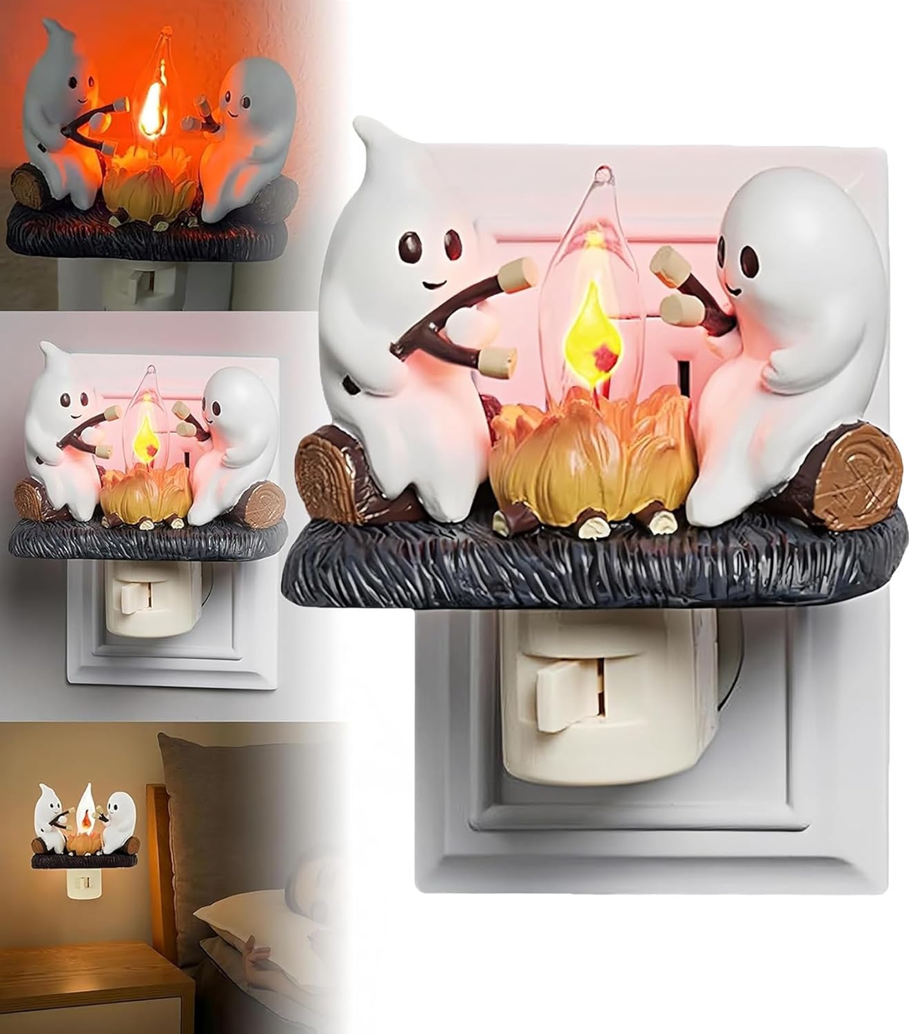 Ghost Campfire Flickering Nightlight, Ghost Roasting S'Mores at Campfire Nightlight，Spooky Night Light Plug in, 3D LED Small Electric Faux Campfire Night Light (3pc)