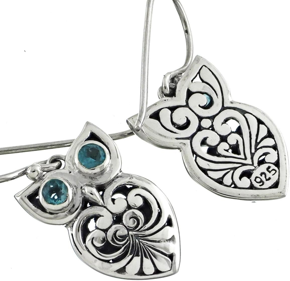 Owl Bird Blue Topaz Eyes 925 Sterling Silver Fish-hook Earrings, 3/4"