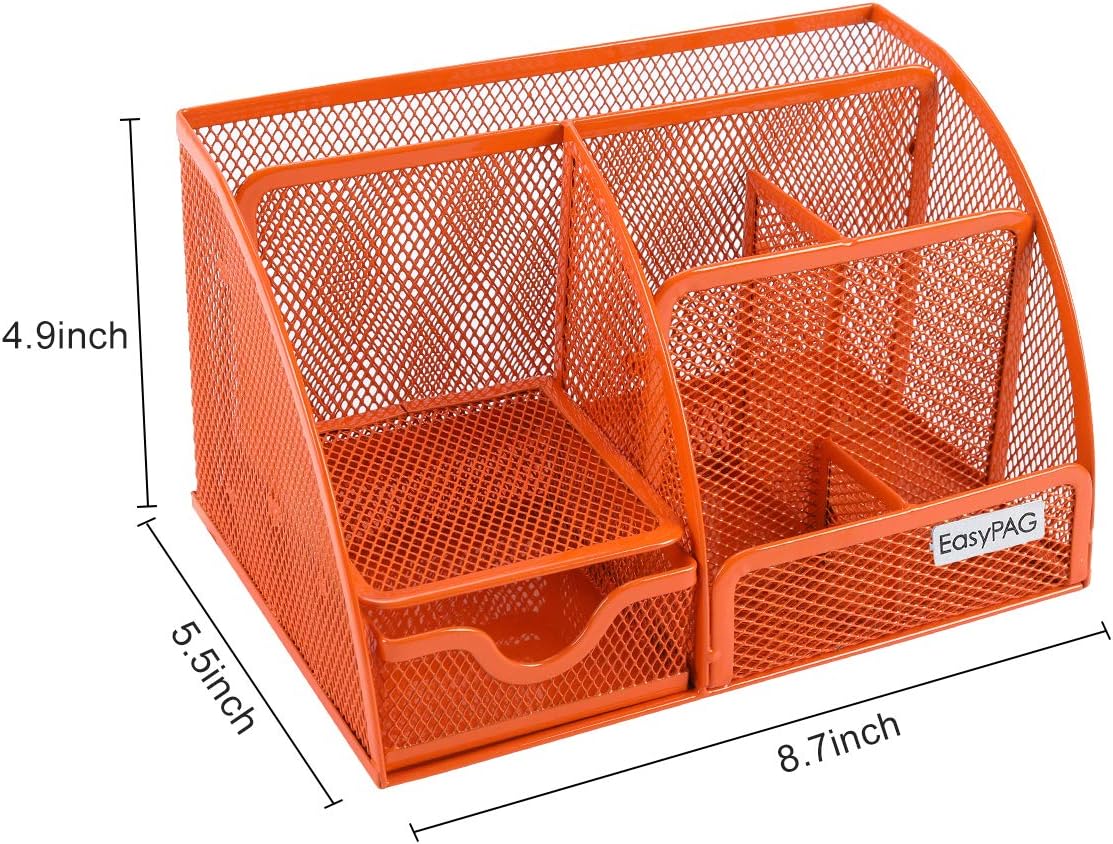 EasyPAG Mesh Desktop Organizer 6 Compartment Office Desk Organizers Supply Caddy with Drawer, Orange : Office Products