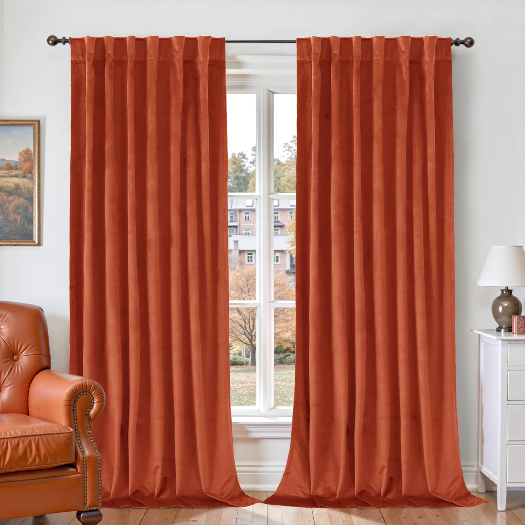 Photo 1 of BGment Terracotta Fall Velvet Curtains 102 Inches for Living Room, Burnt Orange Thermal Insulated Blackout Luxury Super Soft Curtains with Back Tab Rod Pocket for Bedroom, 2 Panels, 52 x 102 Inch