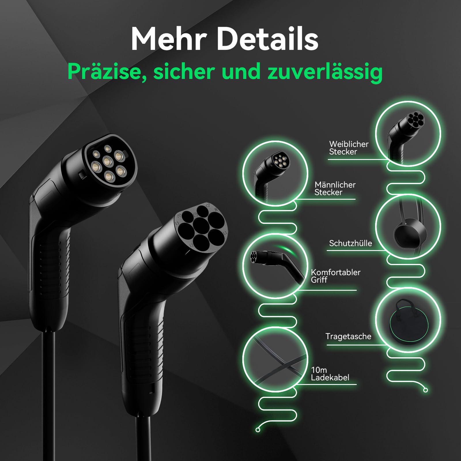 Fullwatt Typ 2 Ladekabel 11KW 10M 16A 3-Phasig mit Tragetasche | Ladekabel Elektroauto Typ 2 Kompatibel mit Model S/3/X/Y, für E Auto EV/PHEV, Schwarz