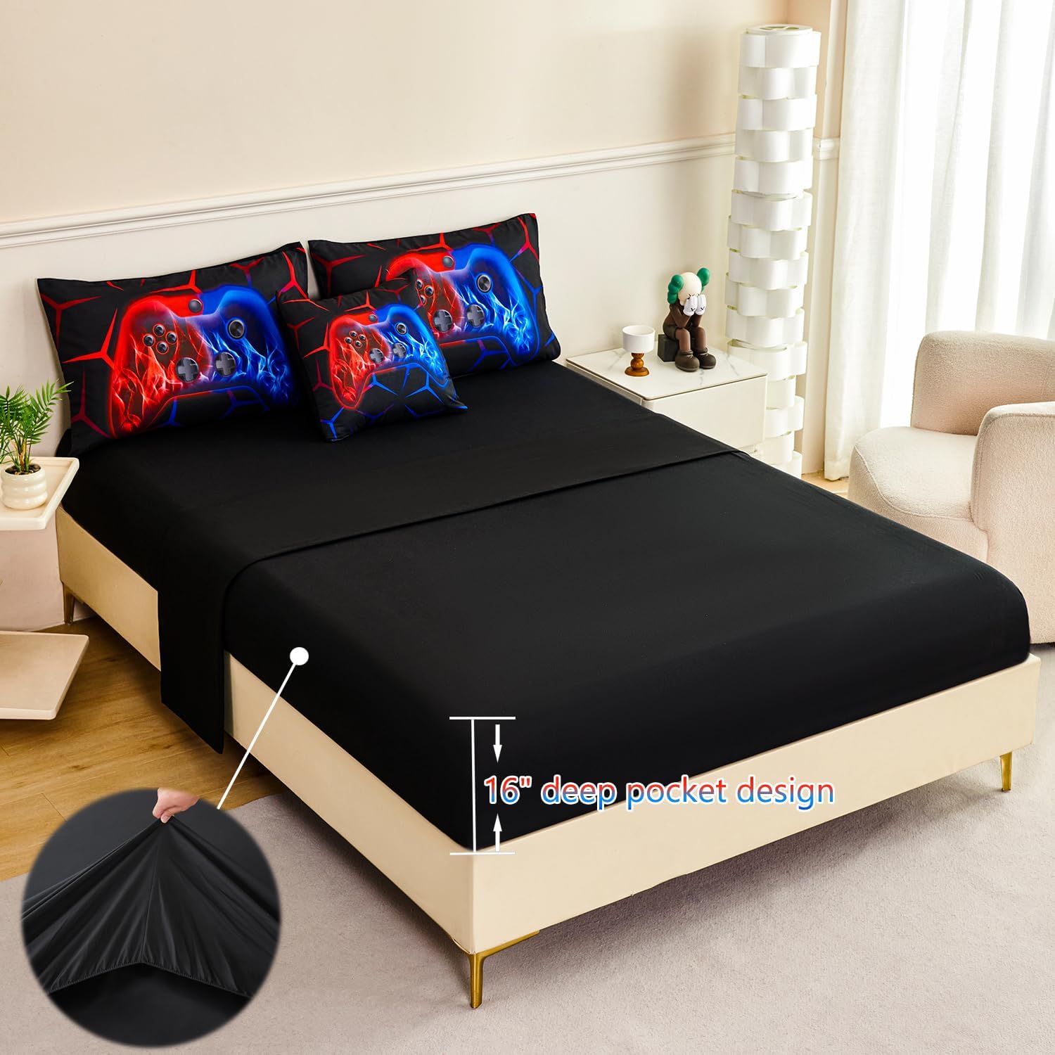 ZRNBAST 6-Piece Gamer Comforter Set Full Size Red and Blue Gaming Bedding Sets for Boys with Sheets Soft Fluffy Game Console Design Bed in a Bag (Red Blue, Full) - Image 5