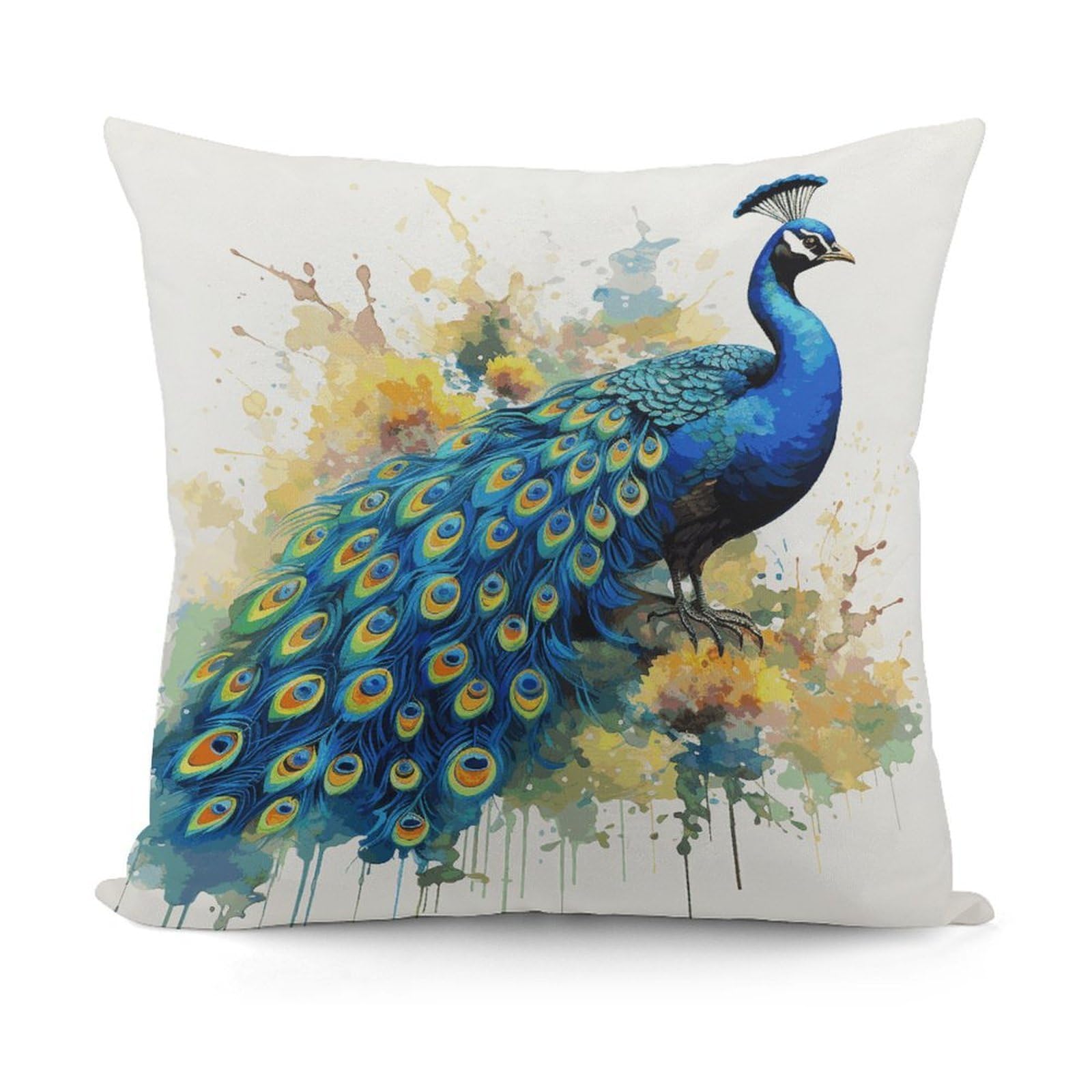 JTREHY Peacock Watercolor Painting Pillow Covers Decorative Throw Pillow Covers Soft Decor Couch Cushion Case Modern Square Pillow Cases Summer Pillow Cover for Sofa Living Room 18x18 in