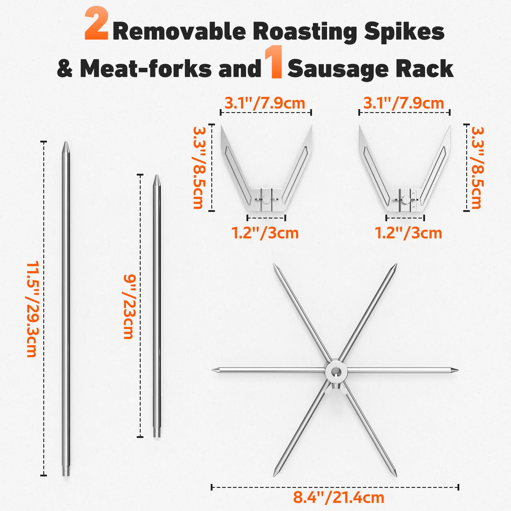 Onlyfire Spiedino Verticale Multifunzione per Barbecue, Spiedo per Carne in Acciaio Inossidabile con Forchette Rimovibili per Pollo e 2 Diverse Misure di Spiedi per Shawarma, Pollo Intero, Pesce