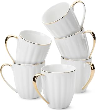 BTaT- White Porcelain Coffee Mug Set, 6 Pack, 12oz, Gold Trim Design | Elegant Coffee Mugs Home Office Tea Cappuccino Hot Beverage Serving Drinkware