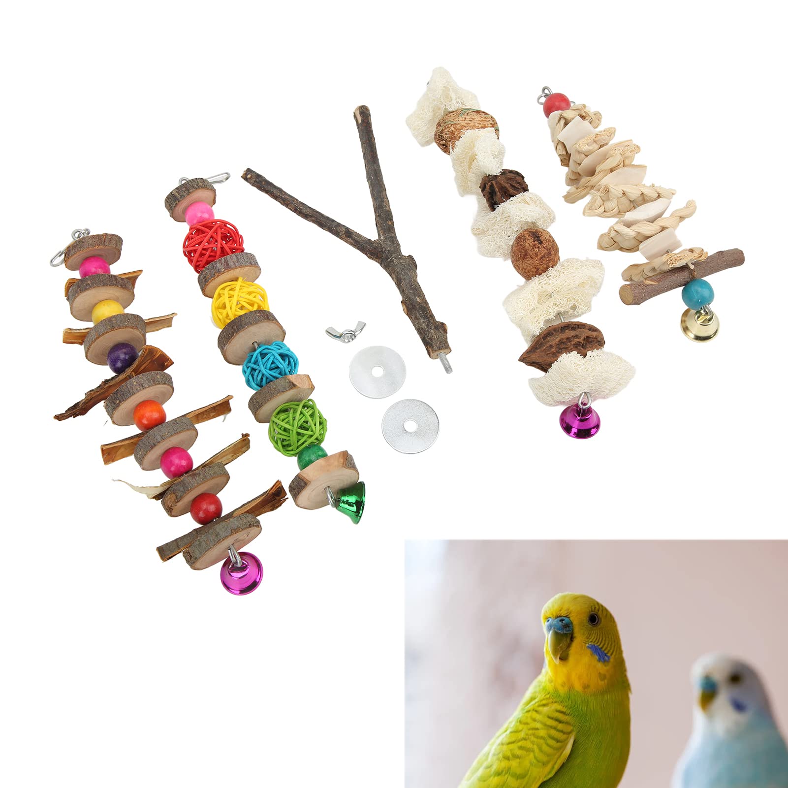 Jouet à mâcher pour perroquet - Os de seiche - Jouet en luffa - Perchoir debout - Pour oiseaux, conures, perruches, calopsittes et inséparables - Gris africain