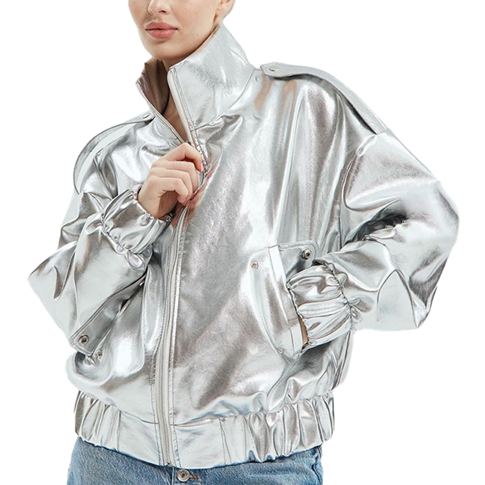 Damen Weihnachten Glitzer Jacke Langarm Holografisch Glänzend Metallic Party Revers Pailletten Jacke
