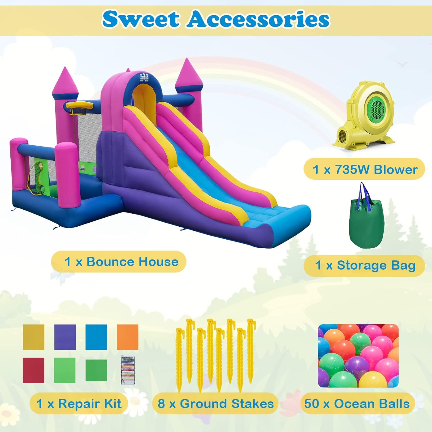 GLACER Inflatable Bounce House, Princess Jumping Castle Air Bounce Playhouse for Kids w/Long Slide, Jumping Area, Splash Pool, Outdoor Jumping House w/Repair Kit, Ground Stakes, 735W Blower