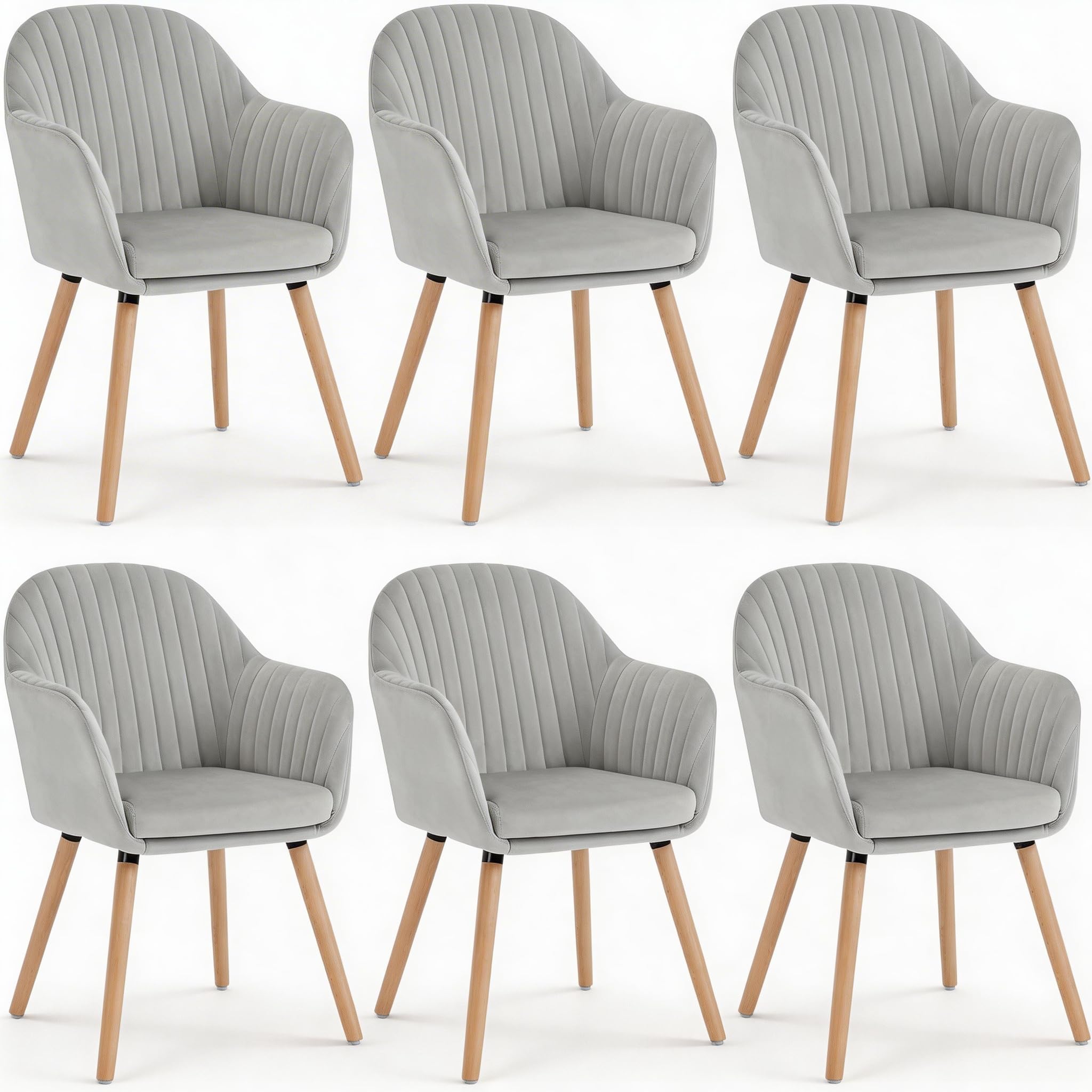 WOLTU Esszimmerstühle 6er Set, für Schlafzimmer Küche Wohnzimmer, Küchenstühle gepolstert mit Armlehne, aus Samt Massivholz, Hellgrau