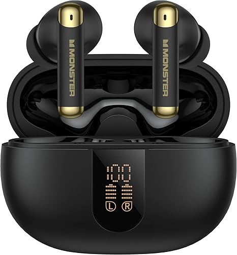Monster N-Lite 211 - Auriculares inalámbricos estéreo Bluetooth 6.0 con micrófono de cancelación de ruido y pantalla LED, micrófono integrado para
