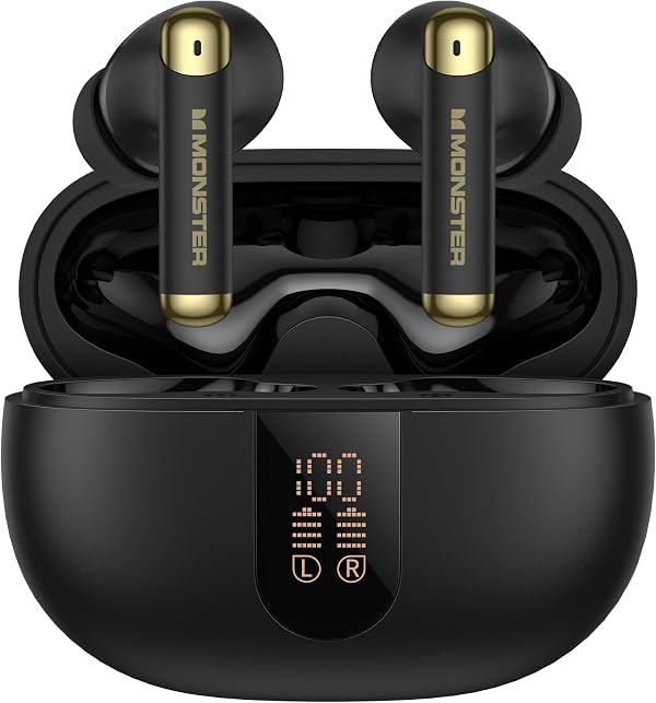 Audífonos inalámbricos Monster, earbuds de oído Bluetooth 6.0 con estuche de carga, sonido estéreo con graves profundos, micrófono integrado, llamadas claras, diseño resistente al agua para deportes